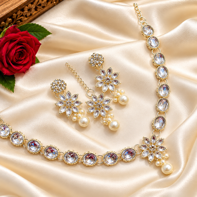 Premium Classic White/Silver Stone and Pearl Jewelry Set (Complete Set: Necklace, Earrings & Tikka)  Overview: